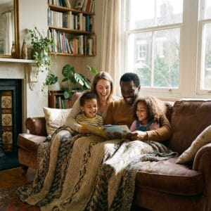 A family sitting on the sofa reading a book.
