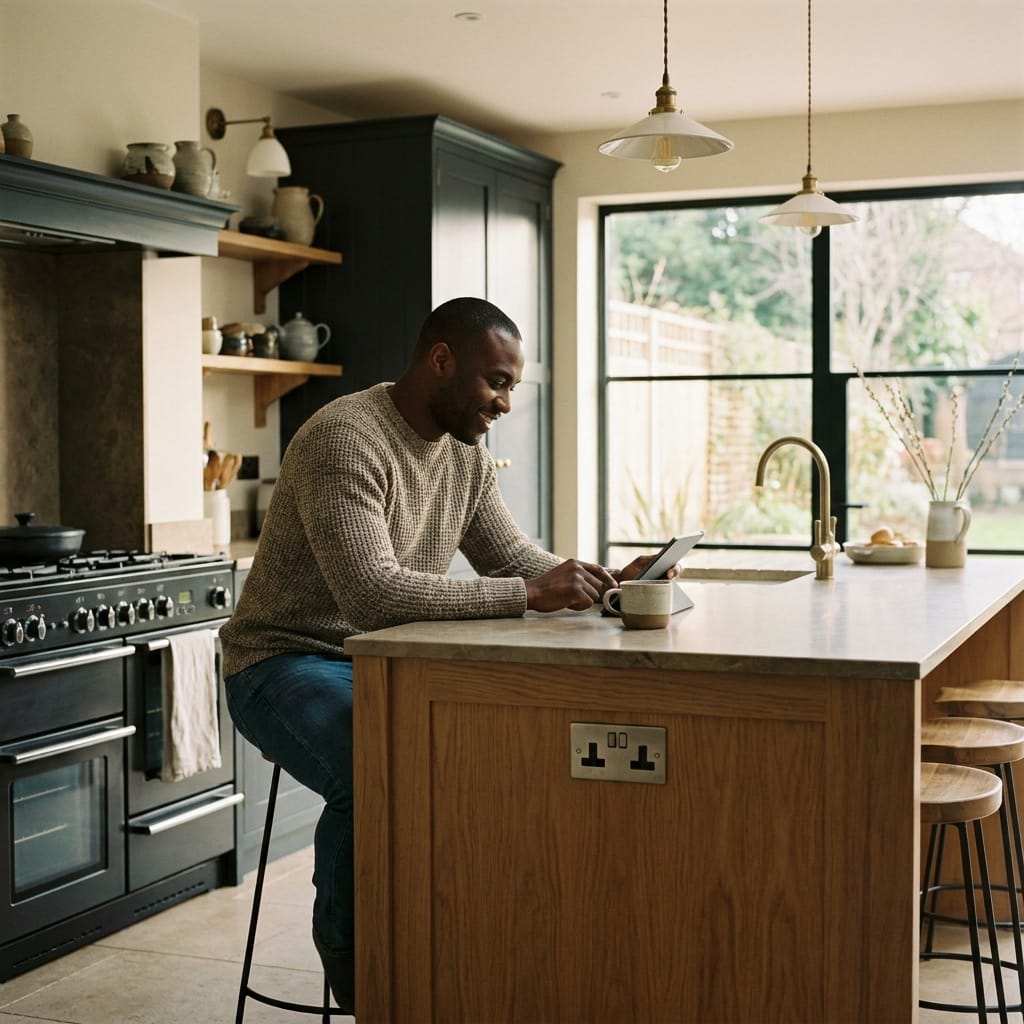 Man sat in his kitchen in St Albans booking a call with Martel Private Finance.