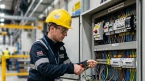 A contractor working on a factory floor.